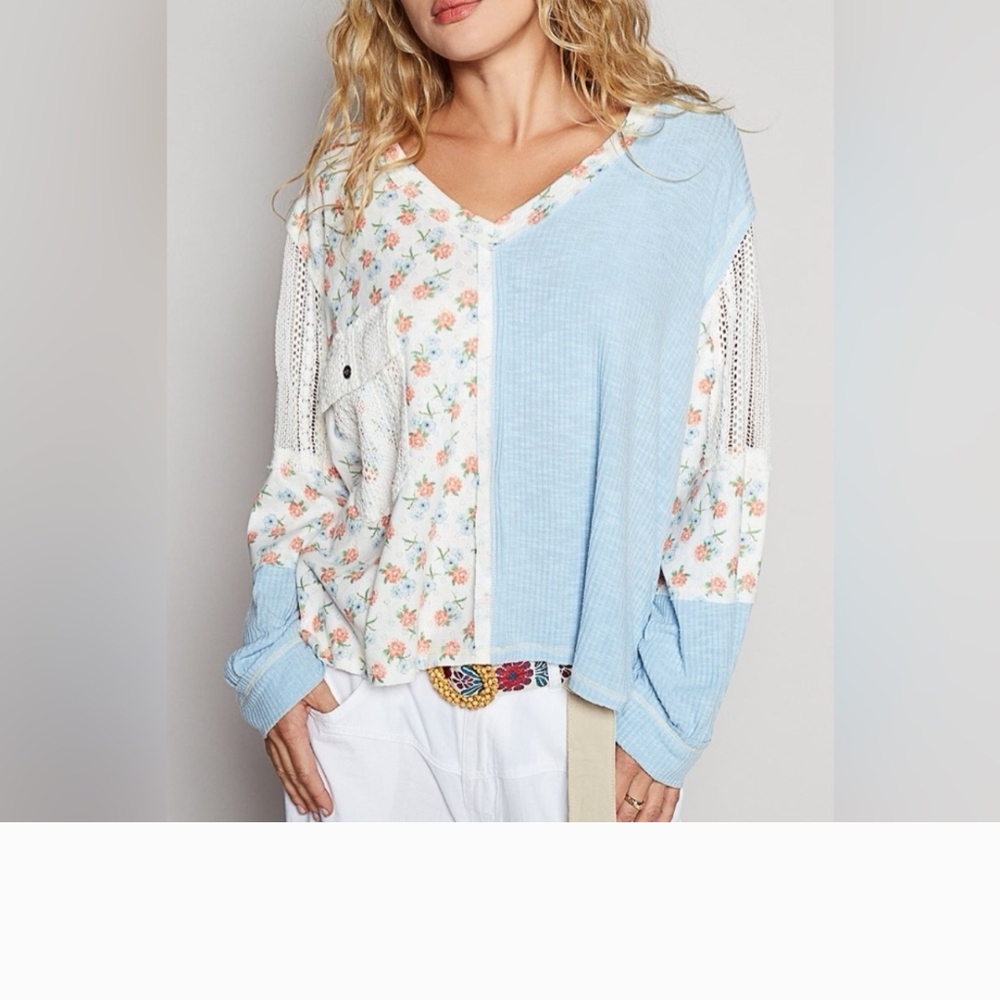 L POL Light Blue and Floral Patchwork V-Neck Top